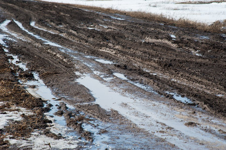 Rainy puddles on dirty country road in spring