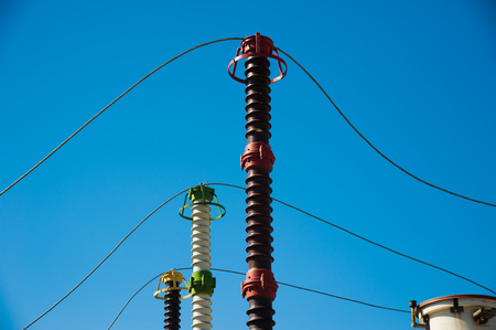 High voltage power transformer substation on blue sky backgroundの写真素材