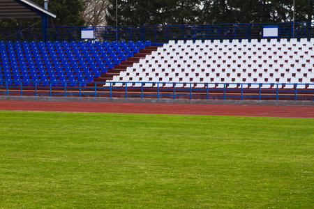 Outdoor stadium with overcast sky and green grass