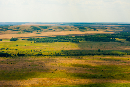 Aerial view of fields and meadows during a summer dayの写真素材
