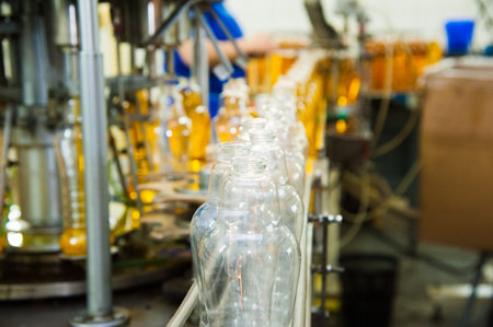 Vegetable oil production plant. Bottling line of vegetable oil in bottles