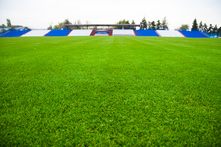Outdoor stadium with overcast sky and green grassの写真素材