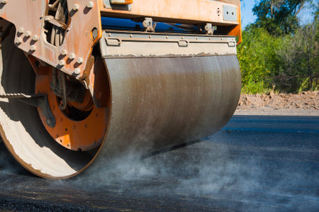The road rollers working on the new road construction site