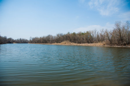 Sprin flood on river. Plain river in the spring