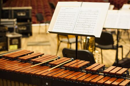 The stage is ready for the orchestra. Musical instruments, score, microphones.の写真素材