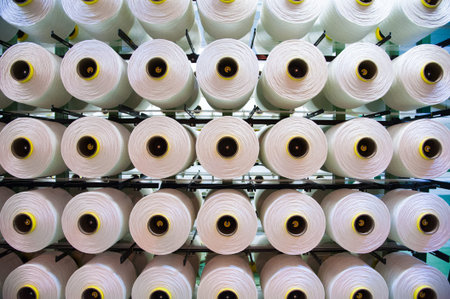 Industrial fabric production line. Weaving looms at a textile factory