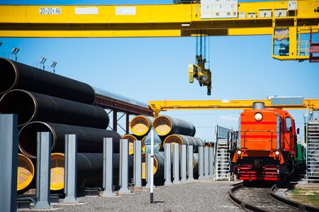Manufacture of steel pipes for the subsea gas pipeline in the factoryの写真素材