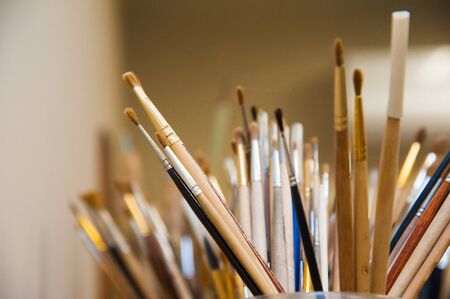 Brushes for painting. Various shapes of bristle, different handlers of artistic toolsの写真素材