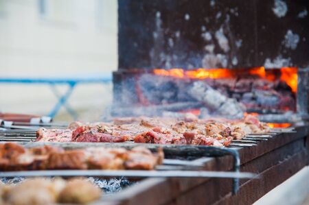Cooking shashlik on the mangal in natureの写真素材