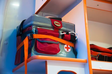 Inside an ambulance car with medical equipment. Medicine and healthcareの写真素材