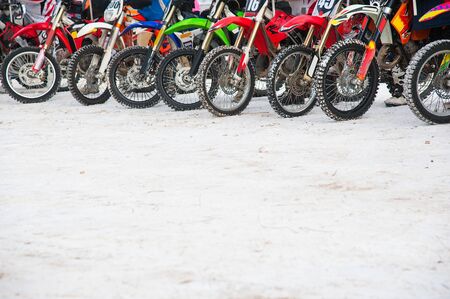 Winter extreme fun. Motorcycling in the winter. Extreme fun in winter on a motorbike, enduro off road dual sport travelの写真素材