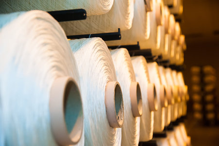 Industrial fabric production line. Weaving looms at a textile factory
