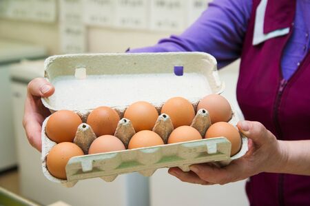 Packing eggs in the hands of a woman in a supermarketの写真素材