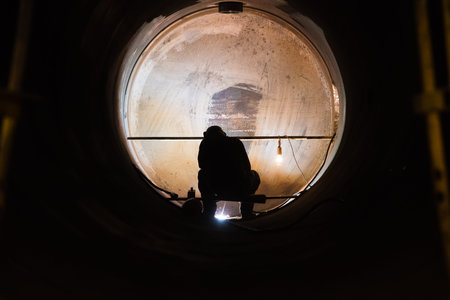 Sparks while welder uses torch to welding