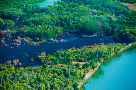 Scorched trees and grass after the fire. Aerial view. Landscapeの写真素材