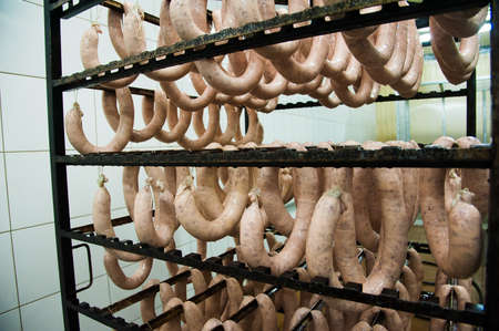 Sausage production line. Sausage on the counter for the smokehouseの写真素材