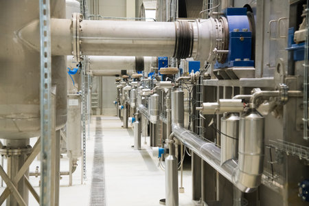 Grain processing facility inside. Industrial factory silos and equipment for food production