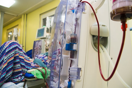 Patient monitored by electronic sphygmomanometer during dialysis session. Advanced dialysis...