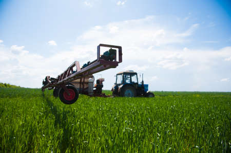 Tractor spraying pesticides wheat field with sprayer at springの写真素材