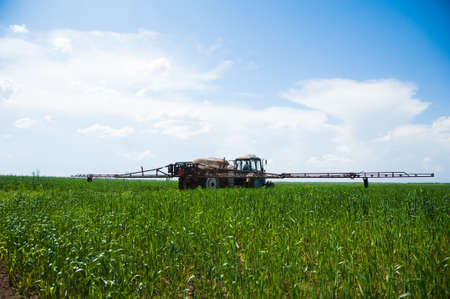 Tractor spraying pesticides wheat field with sprayer at springの写真素材