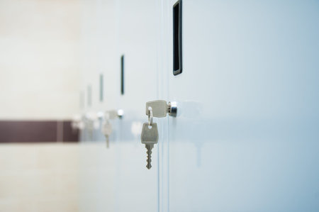 An empty locker room in the sports club, school, section. Line lockers with numbers and locks and a...