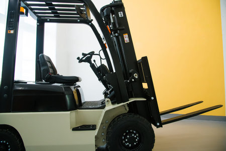 New forklift truck in the warehouse is ready to work