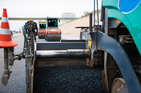 The road rollers working on the new road construction site