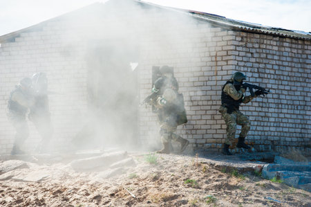 Subdivision anti-terrorist police during a tactical exercises. Entry to the premises. Real...