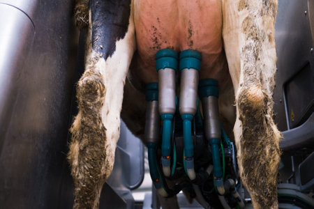 Agriculture industry. Animal husbandry. Automated milking line for cows on modern dairy farmの写真素材