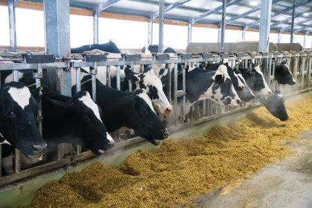 Cows on the farm in winter. Dairy cows. Cowshedの写真素材