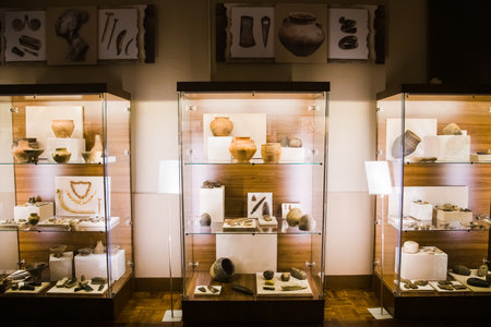 The exhibits are on display in the Archaeological Museum. Antiquities, everyday objects of people, pottery, jewelry, weapons found during excavations.の写真素材