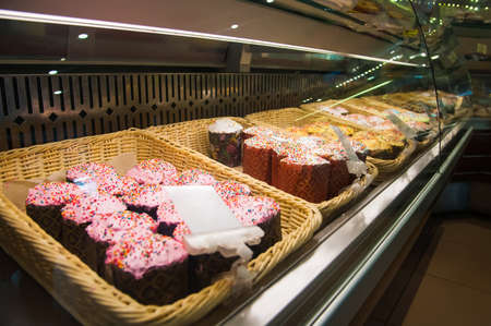 Easter holiday. Sale of Easter cakes in the storeの写真素材