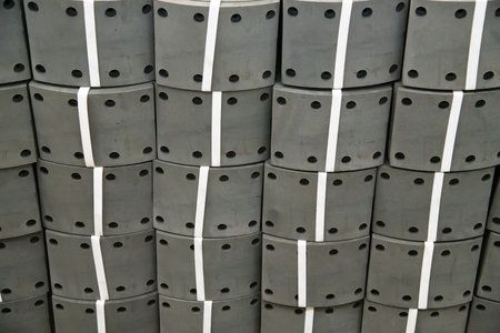 Storage of ready-made brake pads in the shop for their productionの写真素材