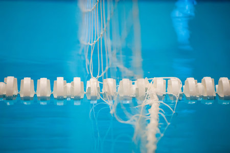The view of an empty public swimming pool indoors. Lanes of a competition swimming pool