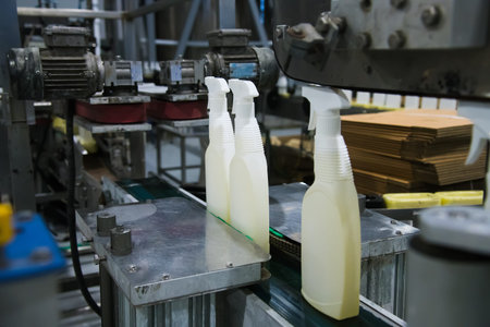 Filling line of plastic bottles, chemical industryの写真素材
