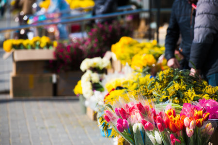Flower market. Selling flowers. Bouquets of colorful tulipsの写真素材