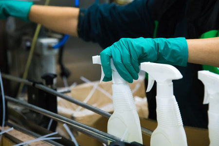 Filling line of plastic bottles, chemical industryの写真素材