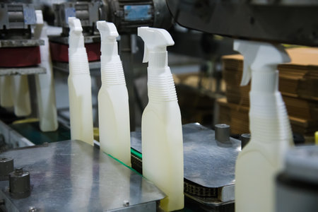 Filling line of plastic bottles, chemical industryの写真素材