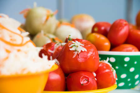 Pickled cucumbers, tomatoes and other vegetables are for saleの写真素材