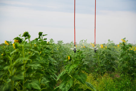 Automated farming irrigation sprinklers system on cultivated agricultural corn field