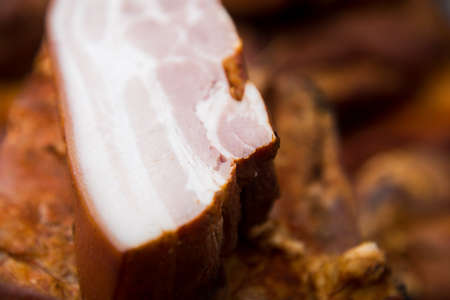 Butcher shop. Sale of smoked meat and sausagesの写真素材