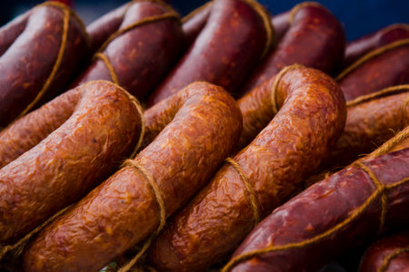 Butcher shop. Sale of smoked meat and sausagesの写真素材