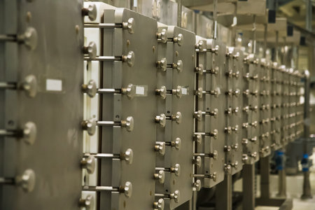 Grain processing facility inside. Industrial factory silos and equipment for food production
