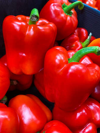 Fresh ripe red paprika in a box for sale on the marketの写真素材
