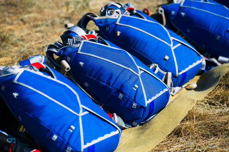 Parachutes are laid out on the ground before a skydiving competition. Parachutingの写真素材