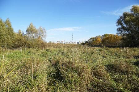 On the horizon the house from the field.の写真素材