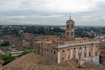 View of the tower of the city Of Rome from the roof of Vittoriano.のeditorial素材