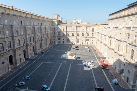 The inner courtyard of the Vatican Museum with an empty Parking lot.のeditorial素材