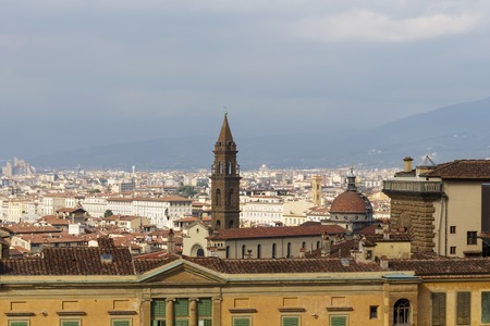 The roof of the Palazzo Pitti overlooking the dome of the Church of Santa Maria Del Fiore.のeditorial素材