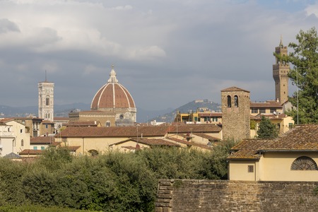The roof of the Palazzo Pitti overlooking the dome of the Church of Santa Maria Del Fiore.のeditorial素材